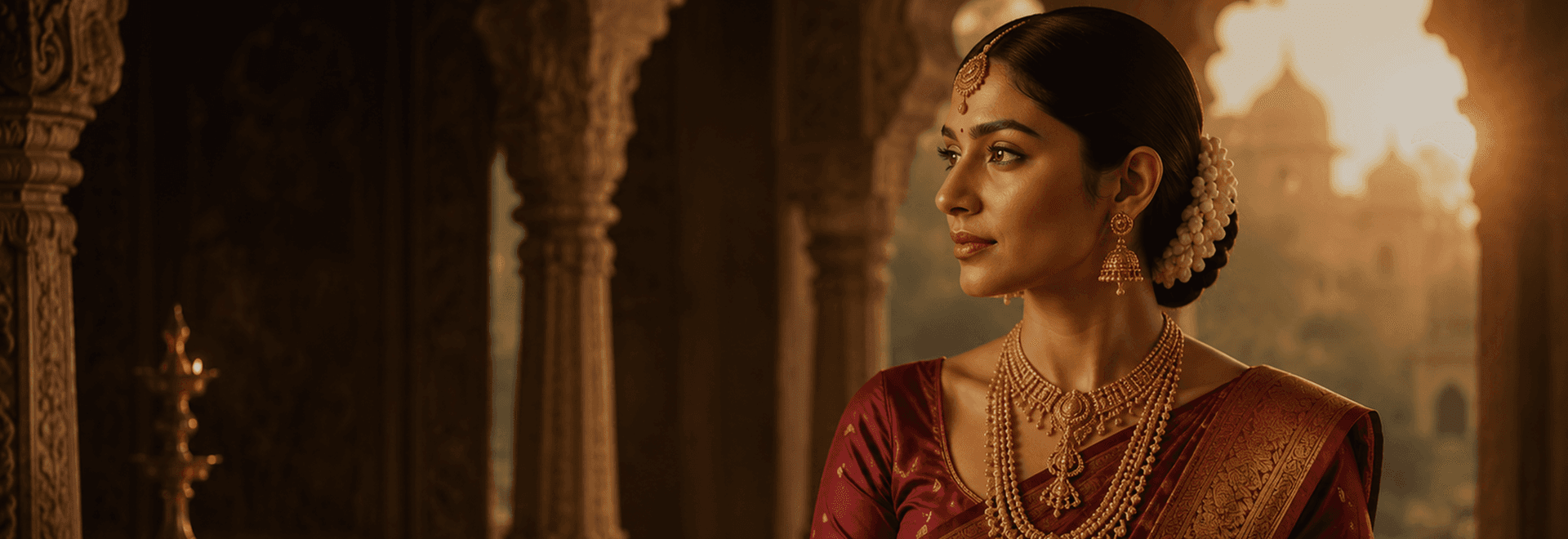A woman adorned in traditional Bhima gold jewellery within a heritage temple