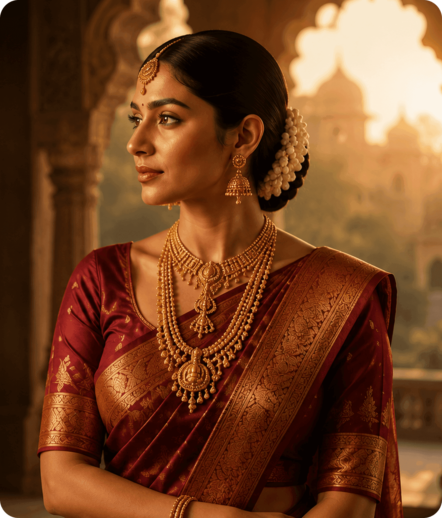 A woman adorned in traditional Bhima gold jewellery within a heritage temple