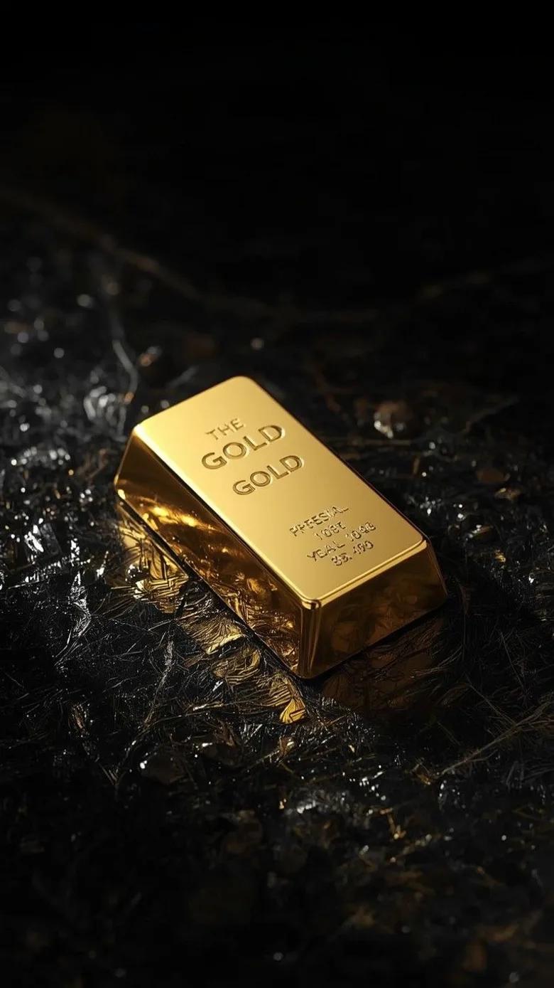 A gold bar resting on a dark textured surface