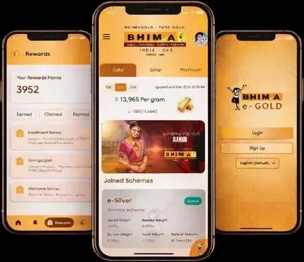 The Bhima E-Gold app shown across three phones
